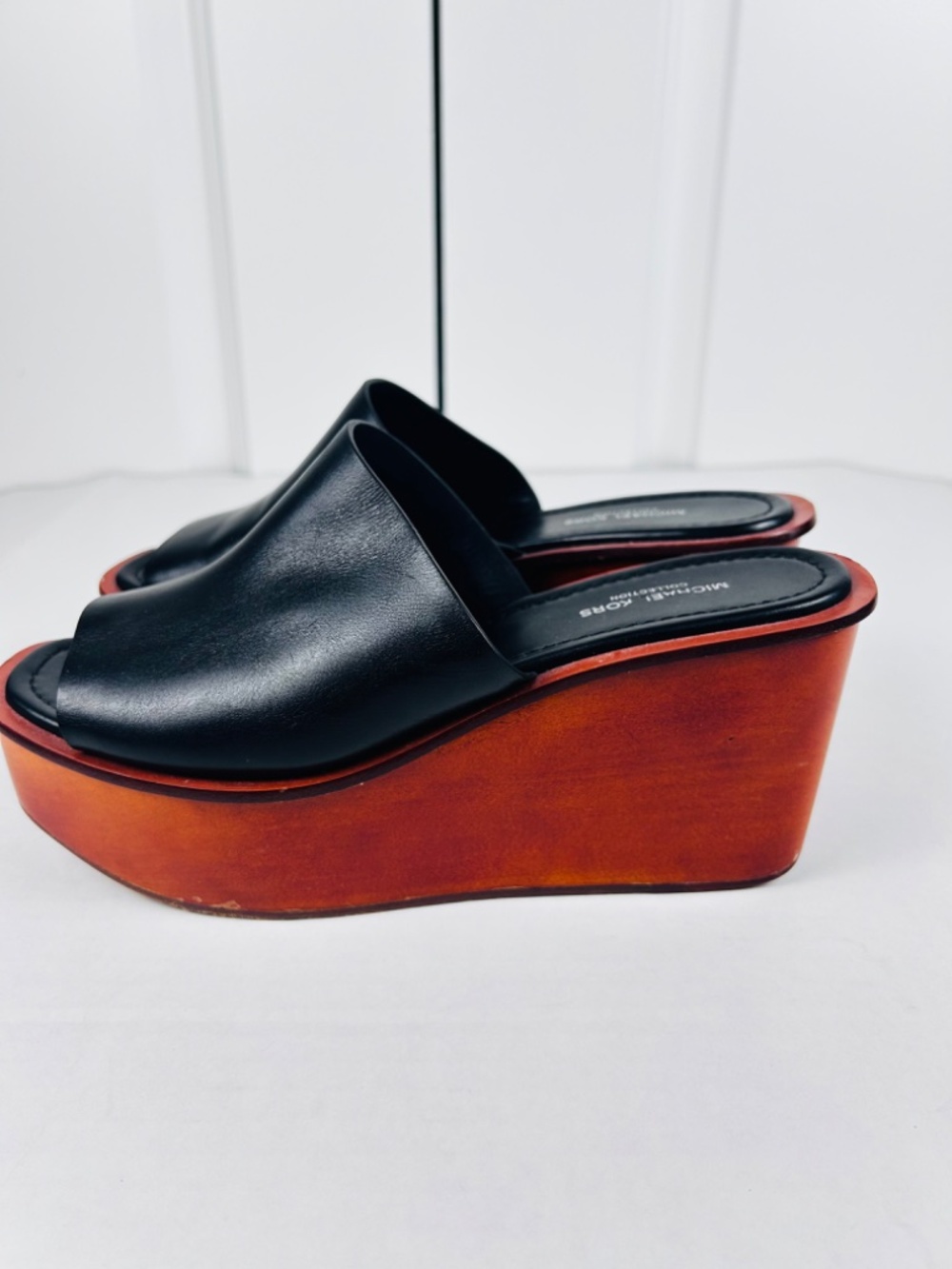 MICHAEL KORS Collection  Leather Wood Wedge Platform Mule Sandal Shoe 7.5 EUR 38 - Picture 8 of 15